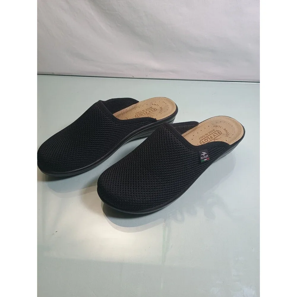 New Fly Flot Womens EU 37 Black Knit Anti Shock Backless Mules Clogs Light